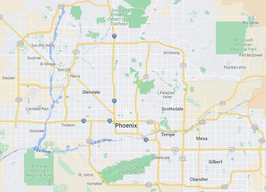 Map showing Phoenix and its surrounding areas in Arizona.