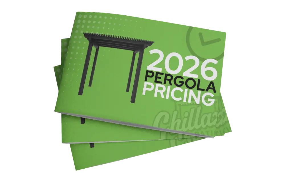 Stack of green 2026 pergola pricing brochures